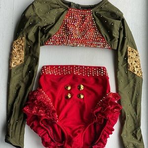 Custom green and red soldier/military/army dance costume. Covered in Swarovski